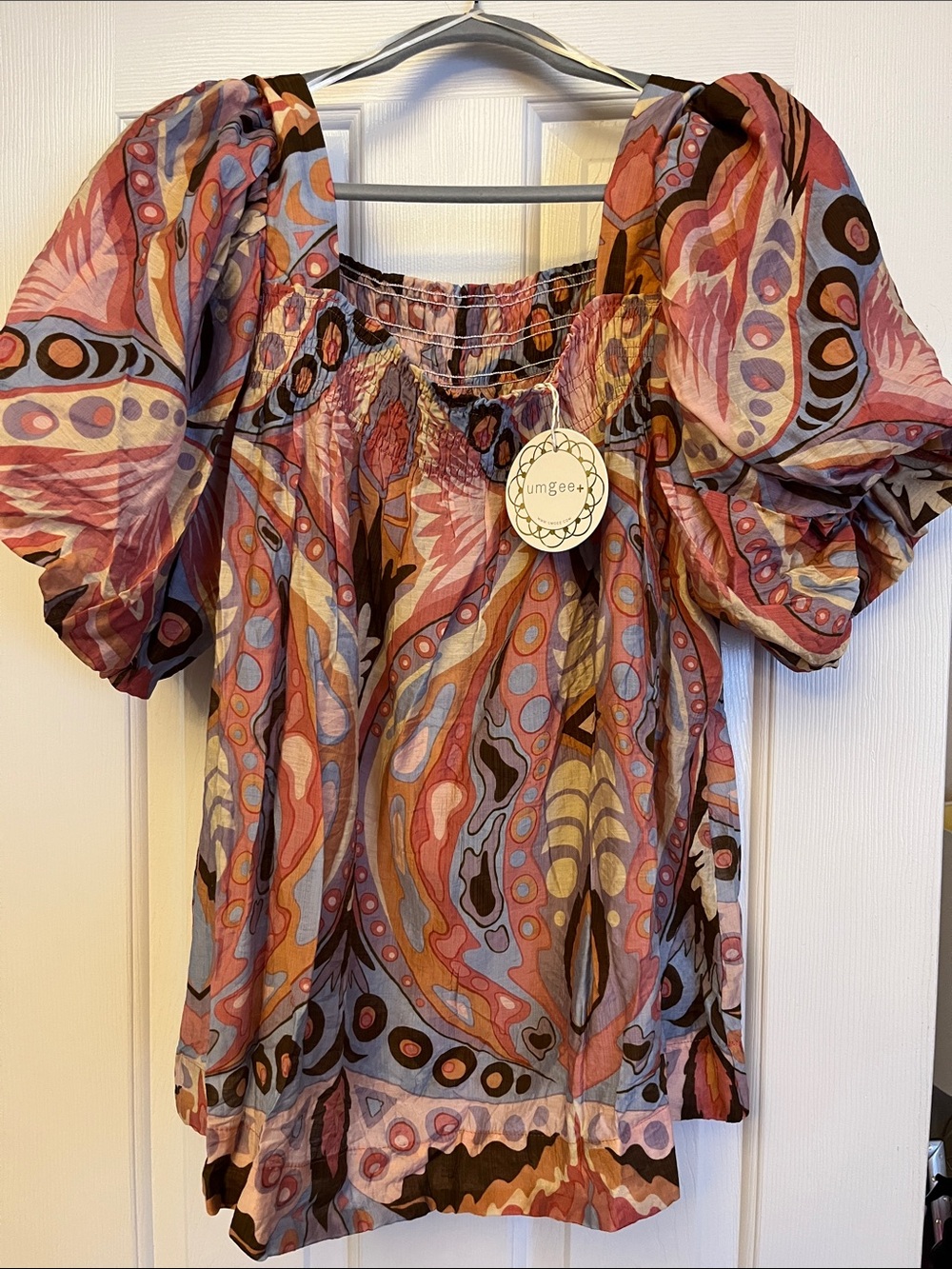 Umgee 1XL Pink Multi Puff Sleeve Square Neck Blouse NWT